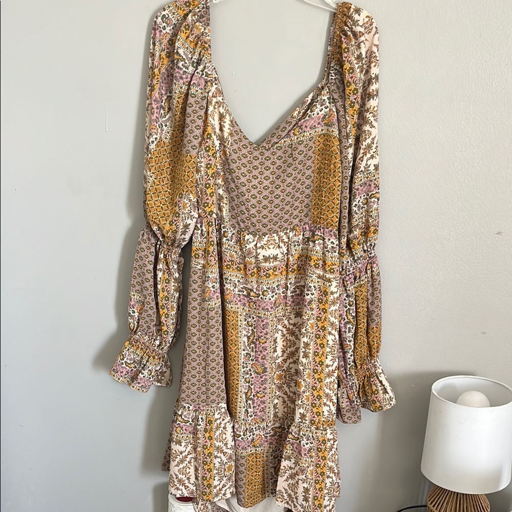 Cream and Tan Long Sleeve Sundress with Bishop Sleeves